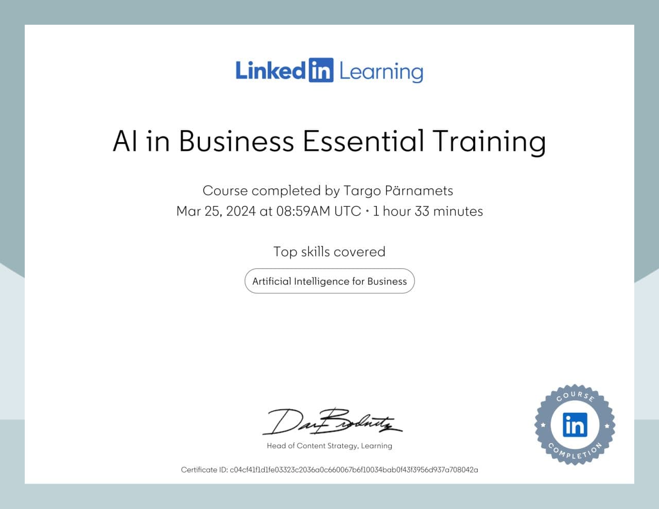 Tehisintellekti Koolitus: Targo Pärnamets Läbis LinkedIn Learningu AI Koolituse