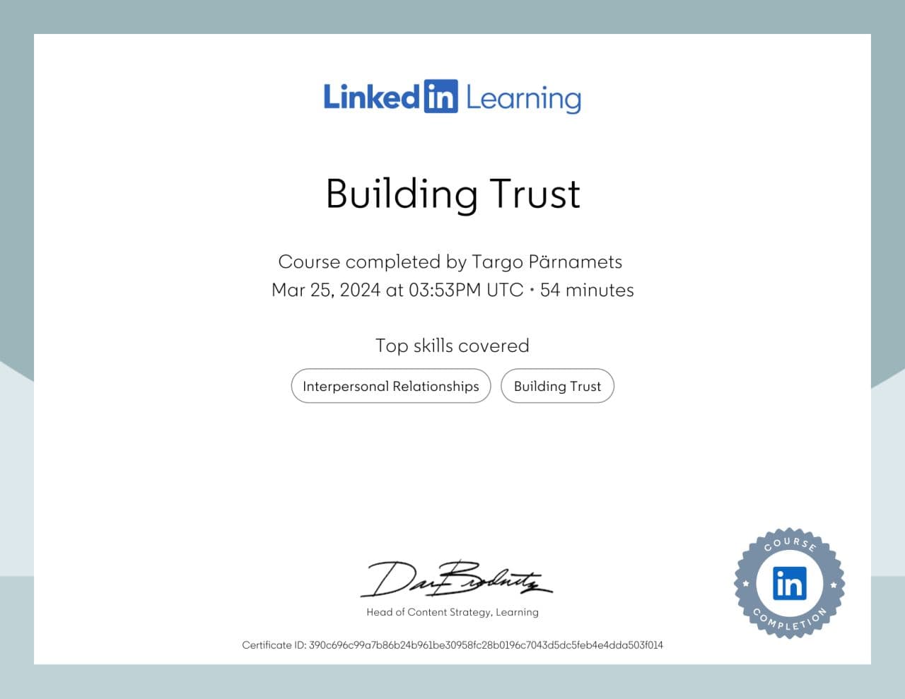 Usalduse Loomise Koolitus: Targo Pärnamets Läbis LinkedIn Learningu Koolituse
