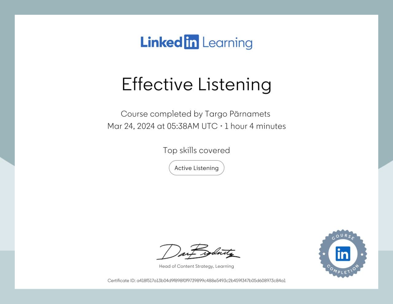 Tõhus Kuulamine: Targo Pärnamets Läbis LinkedIn Learningu Kursuse