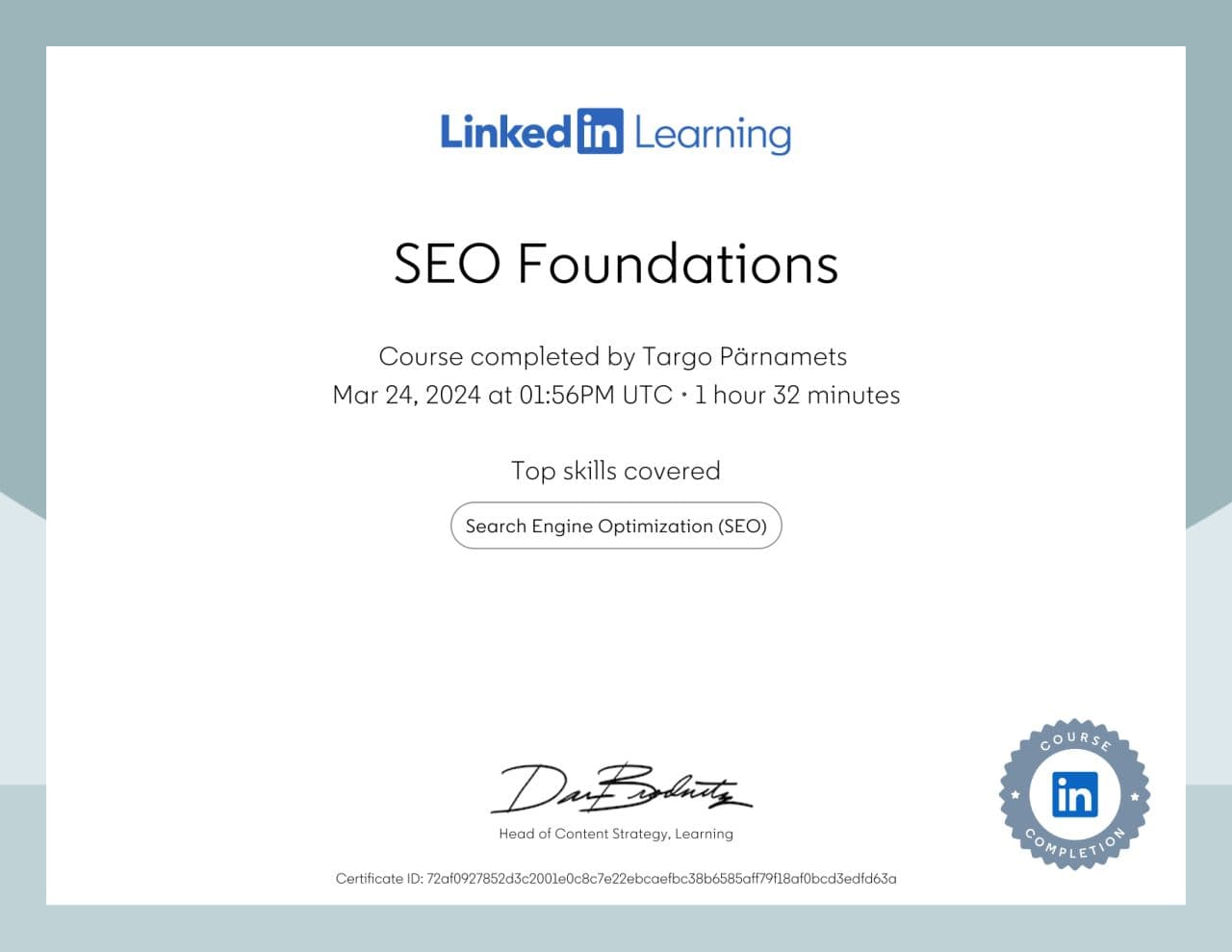 SEO Alused: Targo Pärnamets Läbis LinkedIn Learningu Kursuse